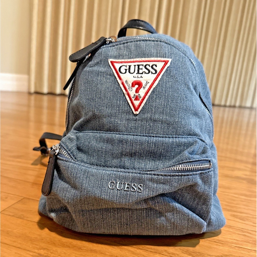 VTG Guess USA Denim Backpack Small Mini 90s Y2k Blue Jeans Triangle Logo 9x11x5